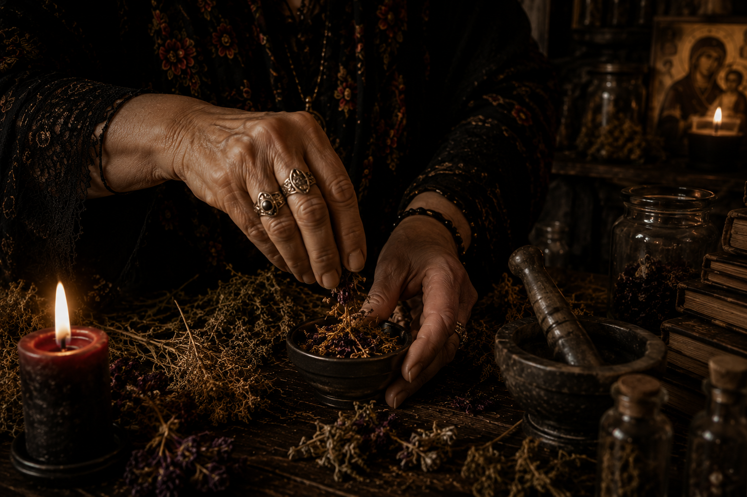 Haggath tying red thread around a bundle of dried herbs